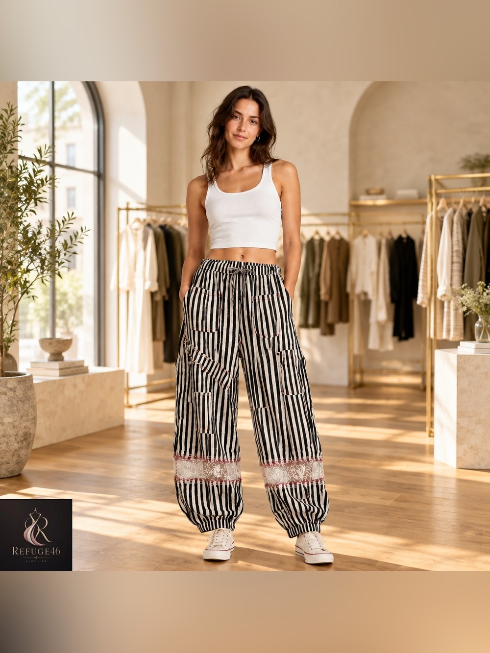 NEW POL Double Gauze Lace See-Through Patch Navy Stripe Woven Pants